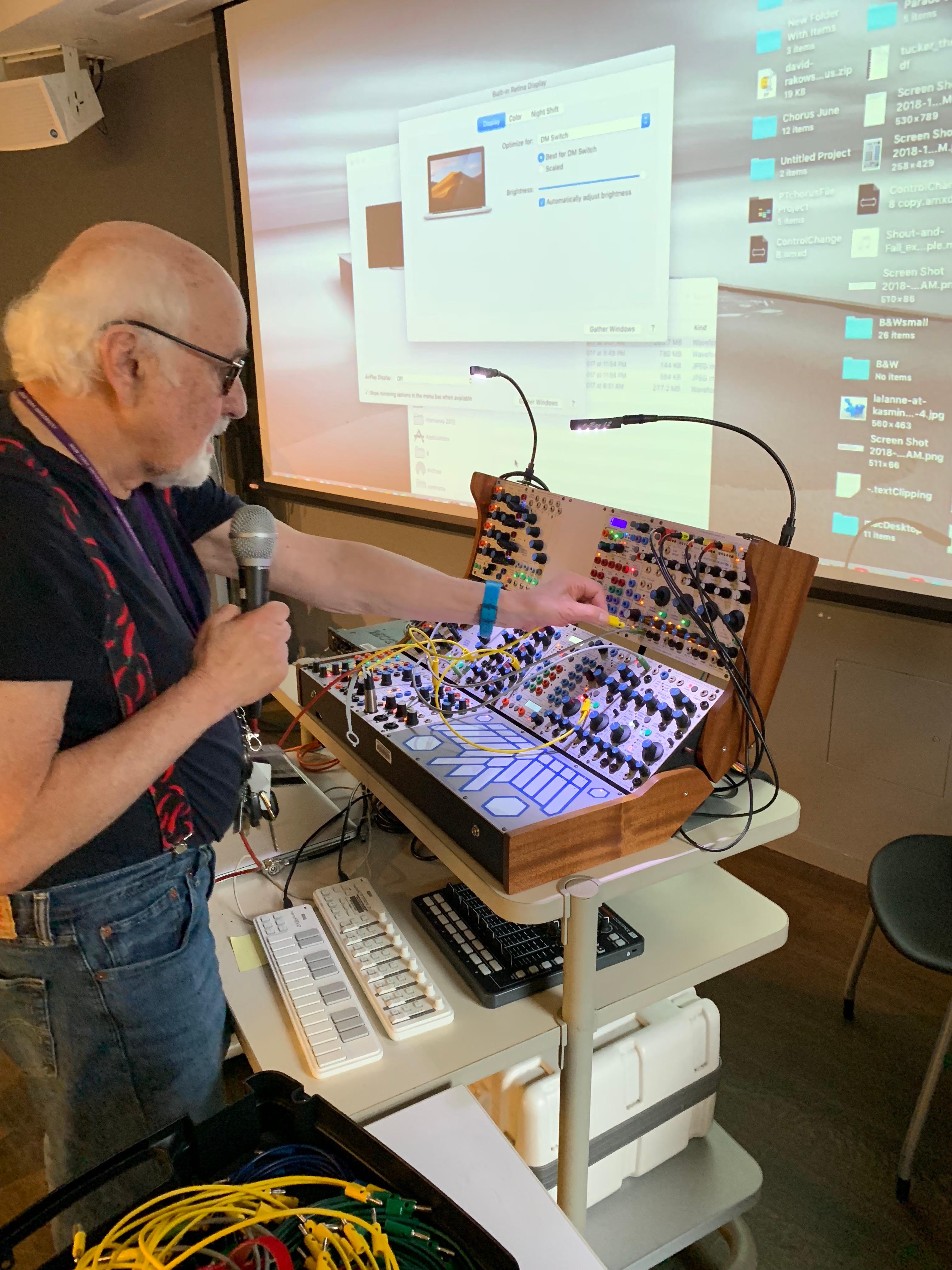 Morton Subotnick demonstrating how he uses an envelope follower of his voice to generate envelopes for other sounds.  I used a similar technique by having the motion of liquids generate an envelope.