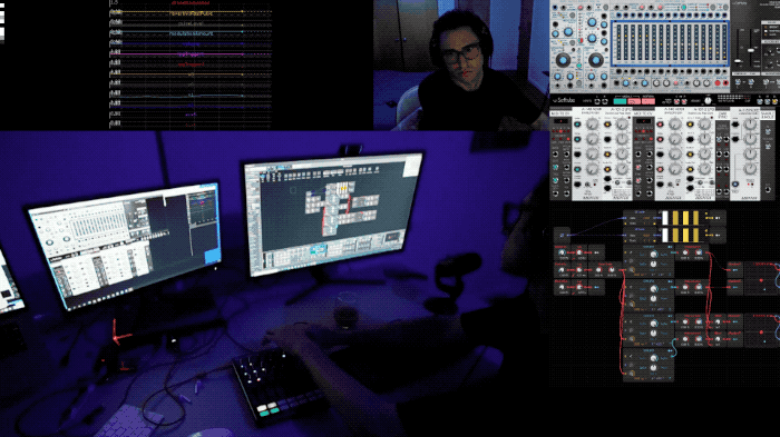 The different camera angles, the screencpature of the audio, and the pixel values extracted from the midi are packed together into one video feed in OBS Studio and streamed out to Mux along with the live synthesized audio.  These different screens can be unpacked later in the 3d space, and the pixel values can be parsed to modulate the lights attached to the sound.